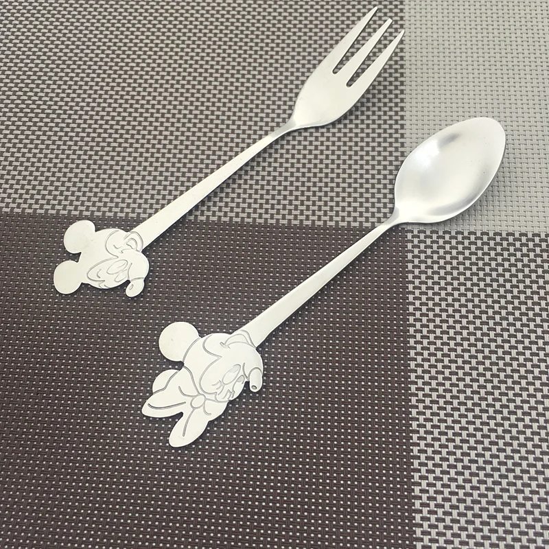 

Stainless steel Minnie Spoons Mickey forks Portable Creative Dinnerware Cartoon Salad Dessert Fork Spoon Set Kids Children Gift