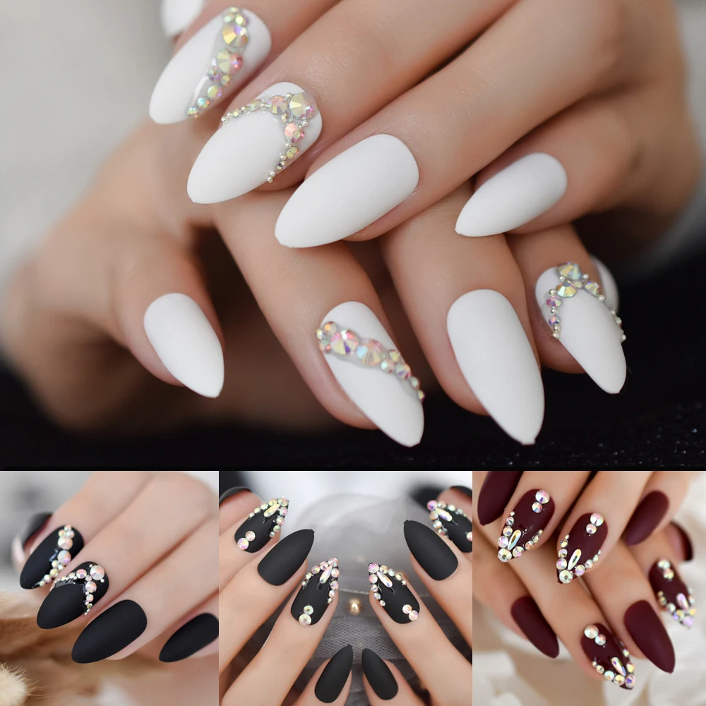 3D Bling Gems Glitter Stiletto Matte False Nail Almond Nail Art Tips AB  Rhinestones Frosted Fake Nails Press on Daily Wear|False Nails| - AliExpress