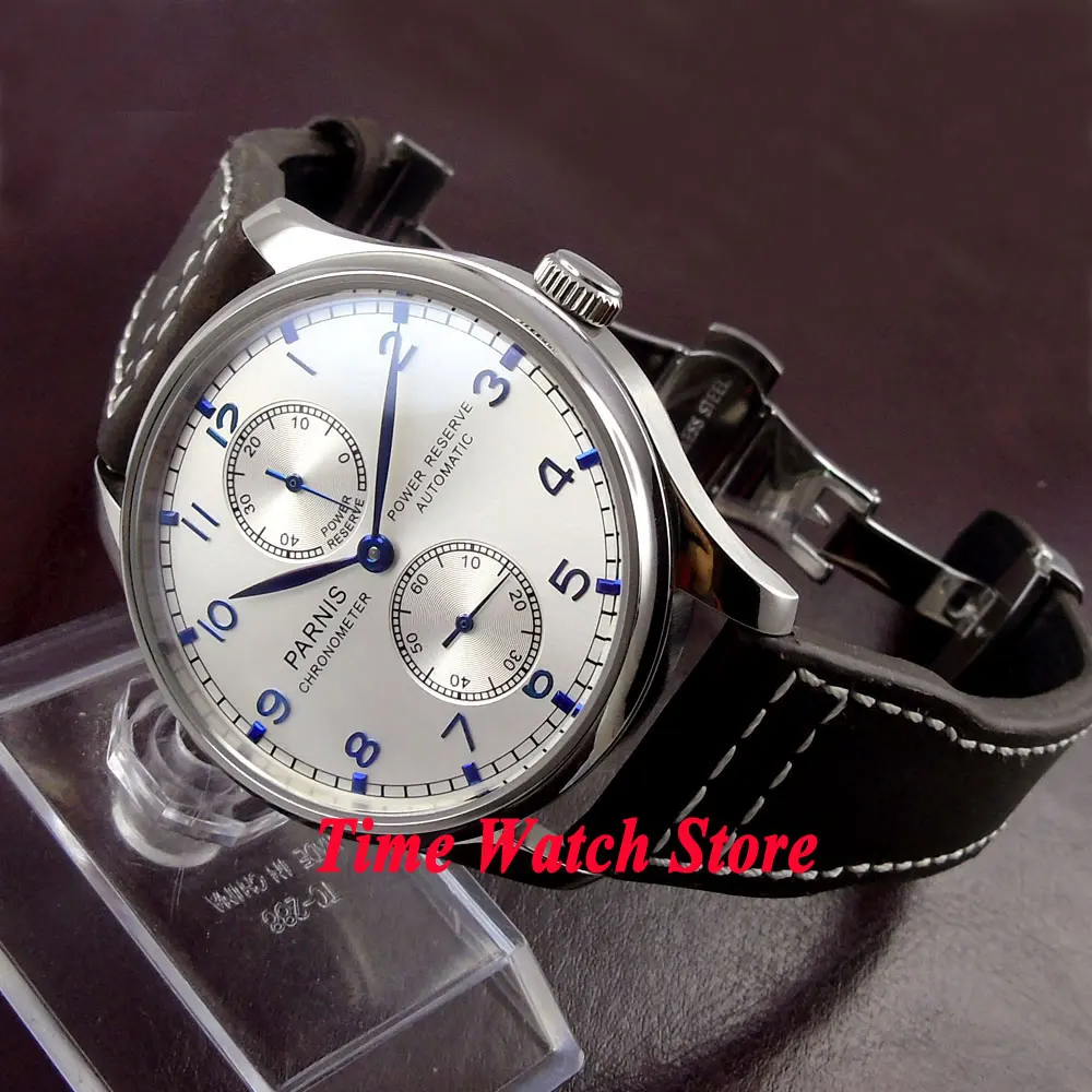

43mm Parnis silver dial blue marks Power reserve deployant clasp ST2542 Automatic movement Men's watch 99