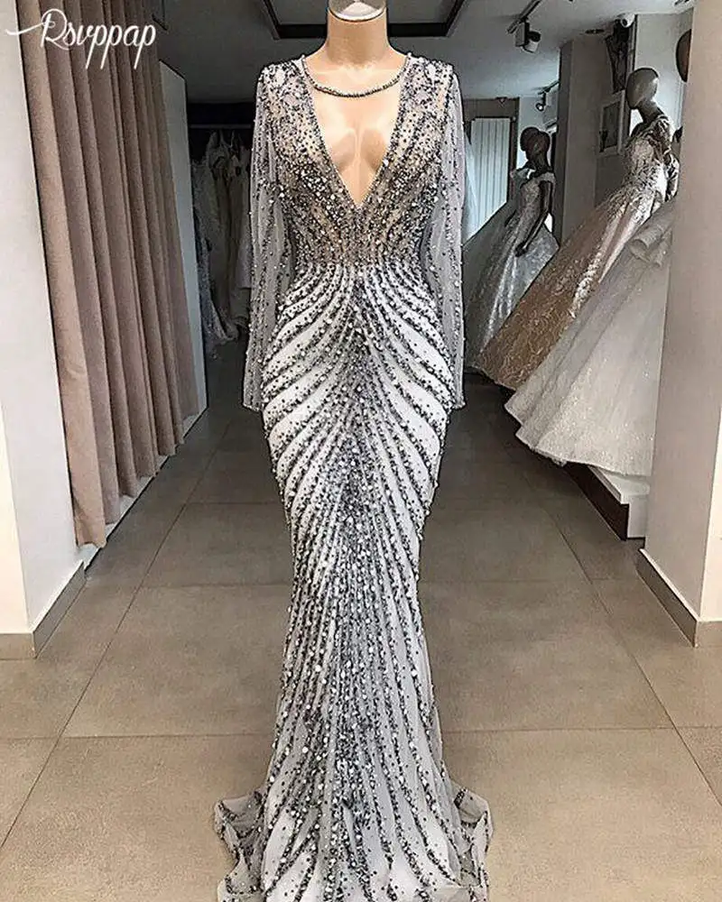 Satin Formal Gowns Long Evening Dress For Ladies Beaded Sequined Crystal Dresses
