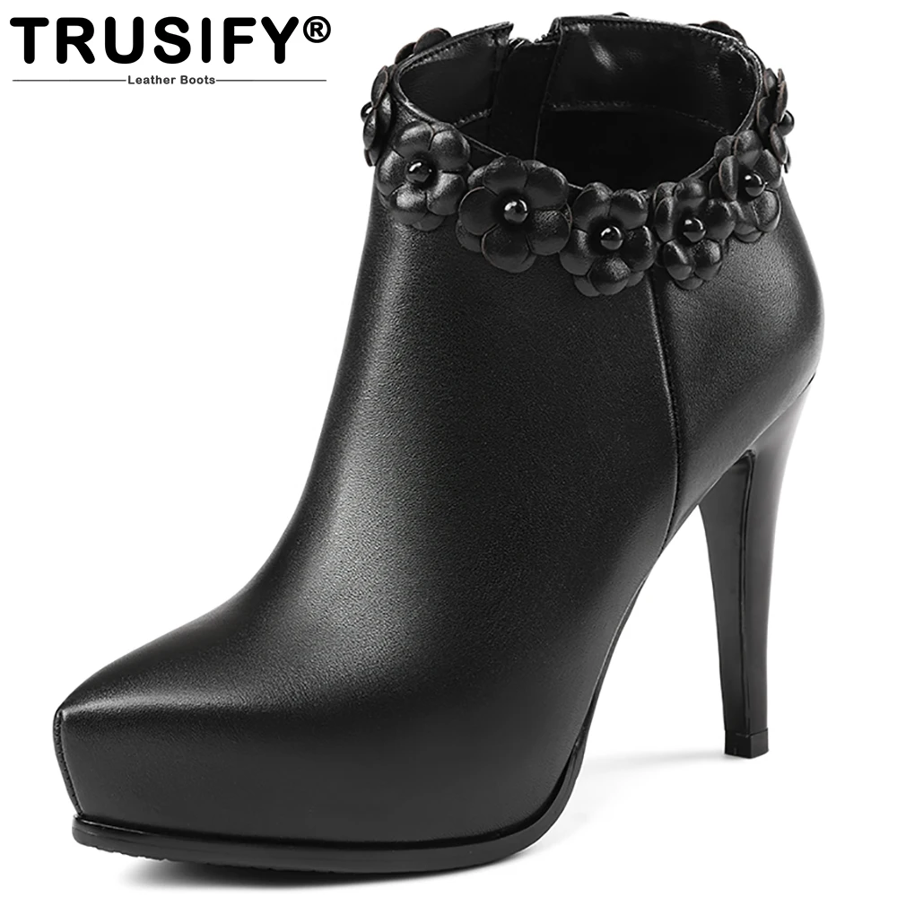

TRUSIFY 2017 Ohbay Cow leather Flowers boot wedge heels real leather boots fall women boots platform boots