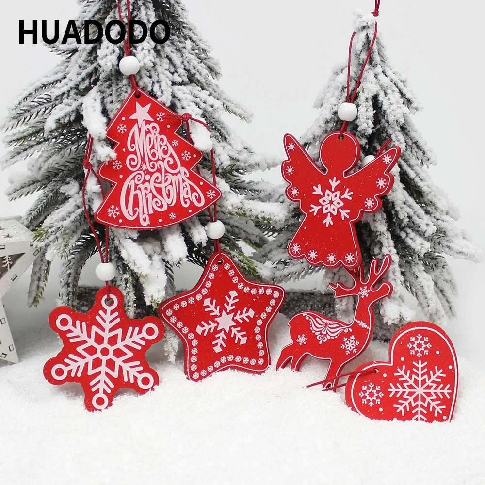 HUADODO 6Pcs Creative Printing Wooden Christmas Pendants Ornaments for Xmas Tree Hanging Ornament Party Christmas Decoration