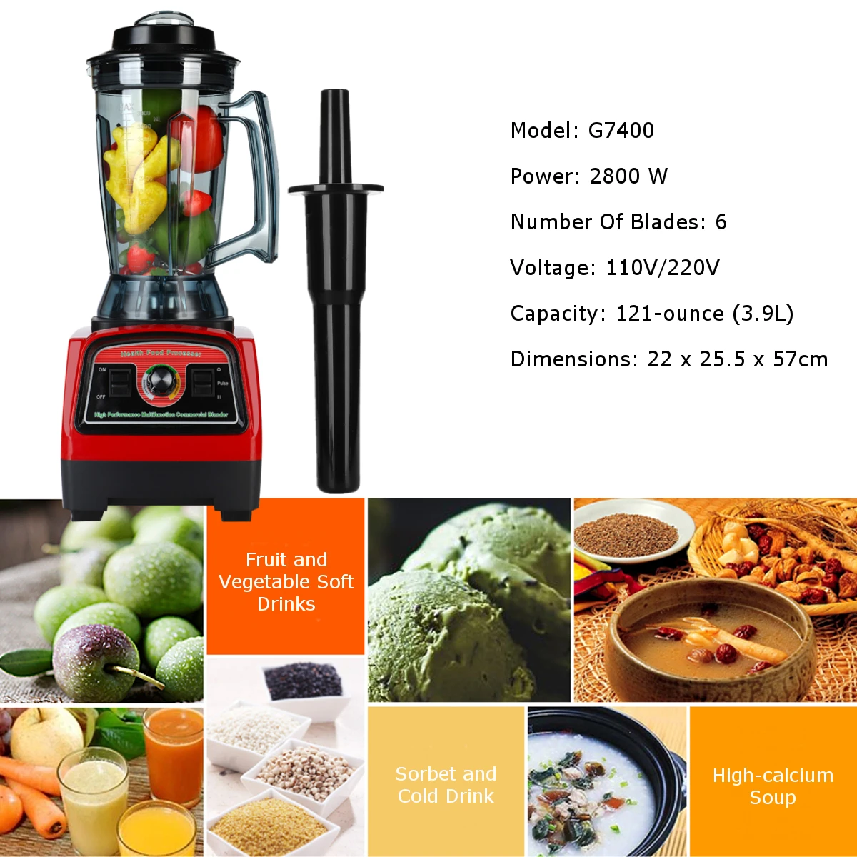 

G7400 EU/US/AU Plug 2800W 110V/220V Blenders with Blenders Tamper Create Friction Heat Stainless Steel Blades 3 Adjustable Speed