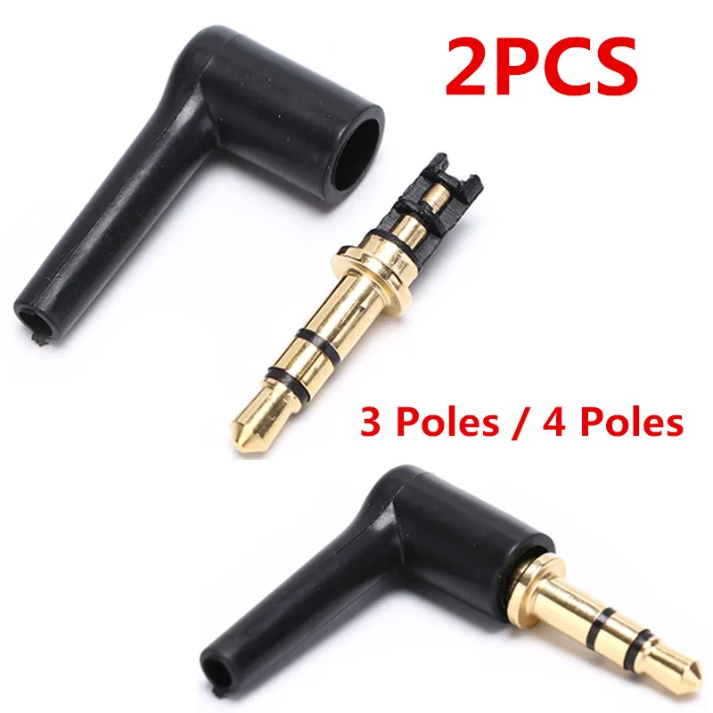2PCS 90 Degrees 3 4 Pole 3.5mm Stereo Headset Plug Jack Gold Plated Black Audio Plugs Jack Adaptor Connector
