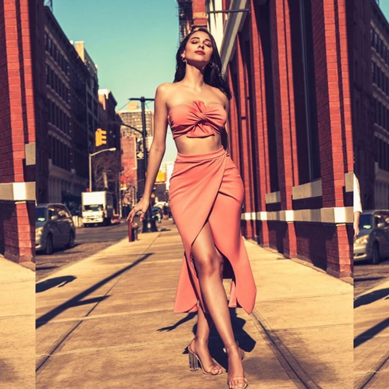 

2018 Two 2 Pieces Strapless Elegant Split High Polyester Dress Fashion Sexy Backless Zipper Long Solid Chic Summer Women Casual