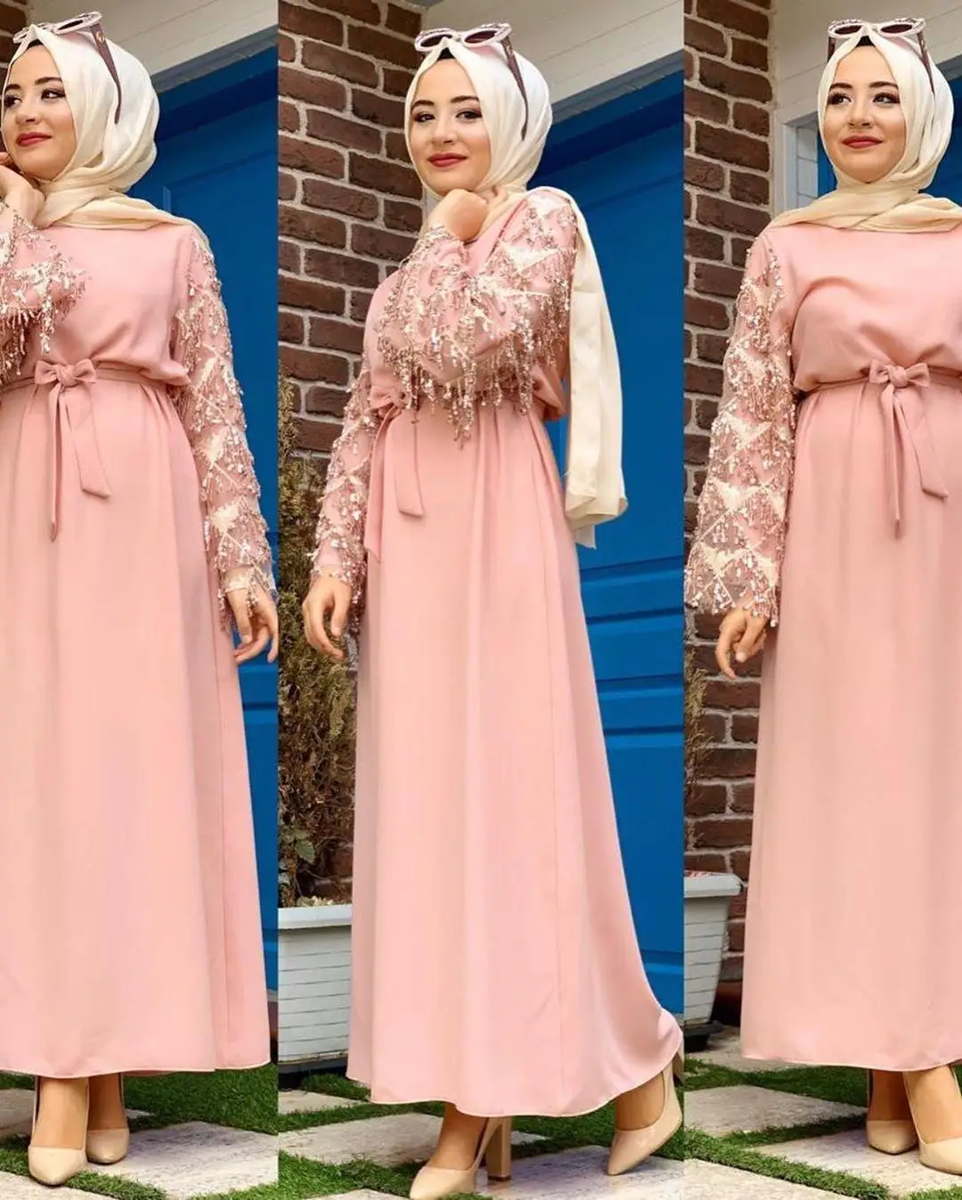 Новое Женское длинное платье с блестками и кисточками abaya Дубай мусульманское платье вечерние платья Арабский исламский костюм Молитвенное платье хиджаб пояс платье - Цвет: Розовый