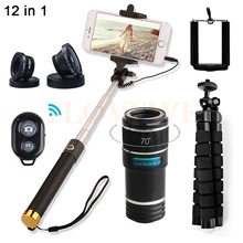 12X зум оптический прицел для телеобъектива с селфи палкой рыбий глаз широкоугольный Макро Lentes для iPhone 6 6s 7 Plus Объективы для телефона Комплект