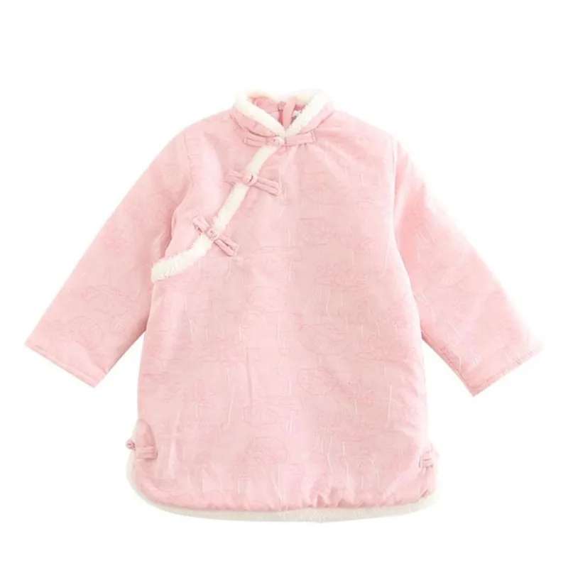 

DFXD Chinese Style Autumn Winter Plus Velvet Thick Cheongsam Dress Cotton Long Sleeve Princess Dress 2-7Years