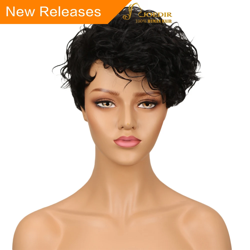 

Joedir Brazilian Water Wave Remy Hair Short Human Hair Wigs For Black Women Mohawk Machine Made Wigs Natural Black Color Red
