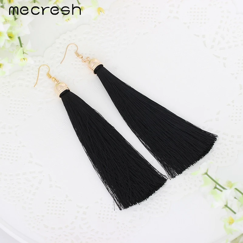 Mecresh 5 Colors Fiber Tassel Long Drop Earrings for Bridal Women Gold Plated Brush Bohemia Fashion Wedding Party Jewelry EH422