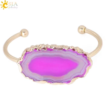 

CSJA Natural Stone Hand Jewellery Irregular Nature Agates Slice Half Open Bangles for Women Gold Color Charms Bracelet Gift F346