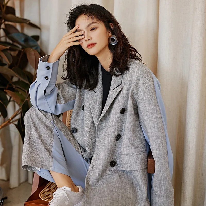

LANMREM 2019 Spring New Clothes For Women High-end Contrast Color Patchwork 2 Pieces Pants Set Temperament Blazer + Pants YG941
