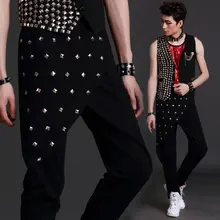 Новинка, Мужская одежда, модные мужские брюки больших размеров, декорированные заклепками, костюм, юбка, dj брюки, большие размеры, сценические костюмы певицы