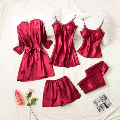 5 шт., летние женские пижамы, искусственный шелк, атлас, тонкая сексуальная ночная рубашка/Ночная рубашка nocna/gecelik takimlari, домашняя одежда C73460AD - Цвет: wine red