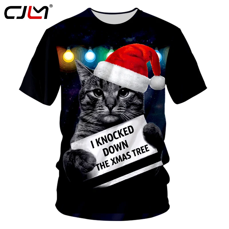 CJLM Merry Christmas Cat Kitty T Shirt Happy New Year Men White Tshirt