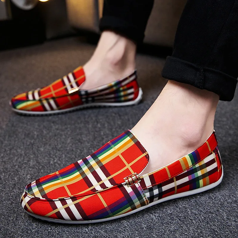 

Brand Men Canvas Shoes Colorful Striped Lattice Breathable Casual Shoes Men Summer Lightweight Soft Lazy Driving Shoes for Man