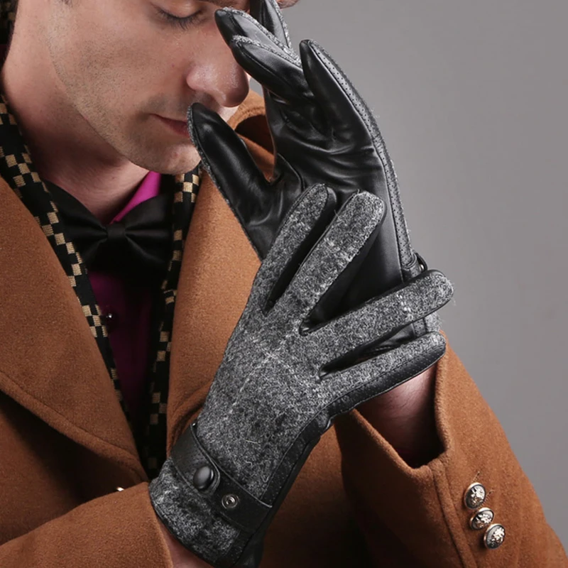 Genuine Leather Men Gloves Business Sheepskin Autumn Winter Plush