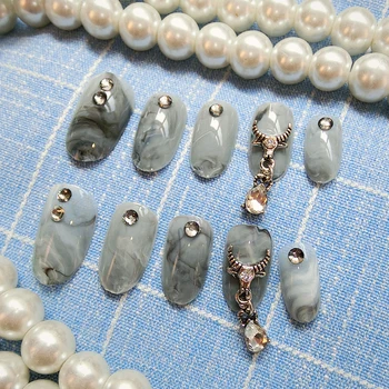 

High quality vintage marble pattern gray pure color false nails with glue Acrylic thin fake nails french full nail tips Cute
