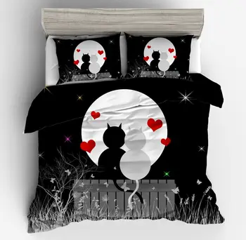 

Black cat love moon print red white black Duvet Cover fitted pillowcases for Boys girls 3/4 Pcs 100%Polyester fiber bedding Sets