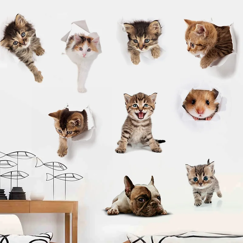 Cat 3D Wall Sticker Toilet Stickers Hole View Vivid Dog Bathroom Home Decoration Animal Vinyl PVC Decals Art Sticker Wall Poster