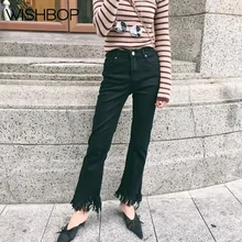2018SS новые модные женские черный средней высоты короткие укороченные мини расклешенные джинсы с пятью карманами с бахромой отворотом повседневные штаны Брюки для девочек