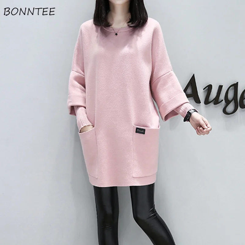 

Hoodies Women Long Loose Soft Solid Elegant Sweatshirt Trendy O-Neck Pockets Female Korean Clothes Student Pullovers Long Sleeve