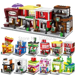 Одна продажа мини улица серии конфеты пицца пирог магазин книжный магазин супермаркет строительные блоки детские развивающие MOC игрушки