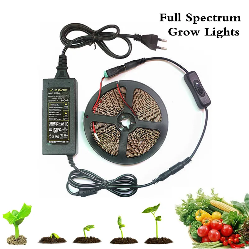 5050 LED Grow Lights DC12V Growing Strip Plant Full Spectrum Lighting Set с адаптером питания + переключателем 1 м 2