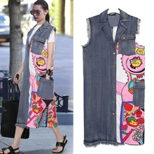 2017 Personality Unique Medium Long Patchwork Prints Denim Vest Trending font b Women b font Long