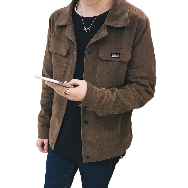 Korean Fashion Jacket Coat Men Corduroy Turn down Collar Pockets Khaki