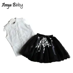 AmyaBaby 2019 летние комплекты одежды для девочек без рукавов кружевная блузка + черная юбка-пачка Одежда для девочек Одежда для маленьких