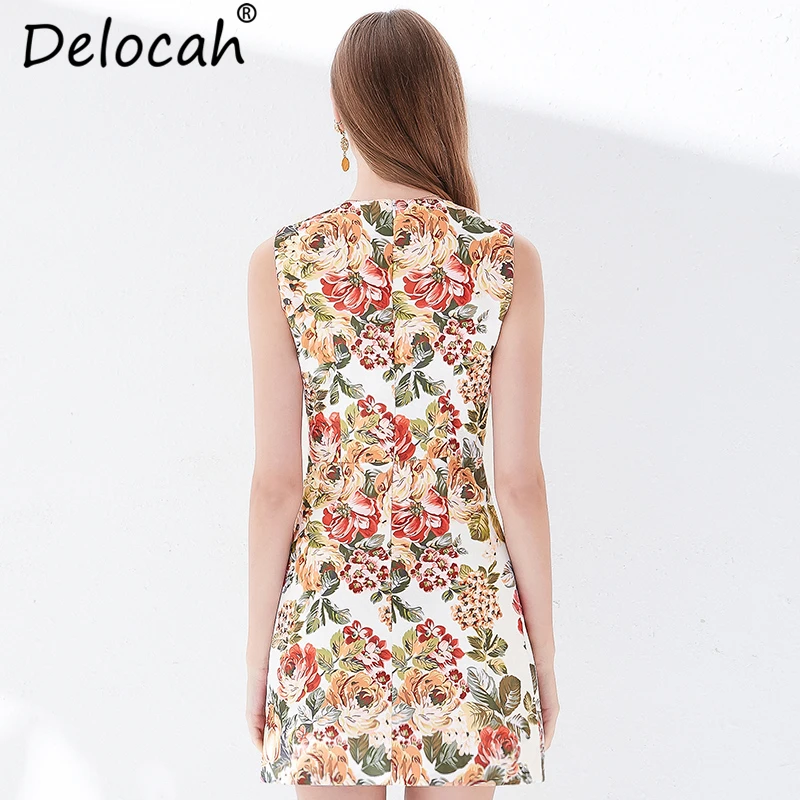 Delocah Women Spring Summer Dress Runway Fashion Designer Gorgeous Crystal Beading Floral Print Elegant Vintage Vacation Dresses