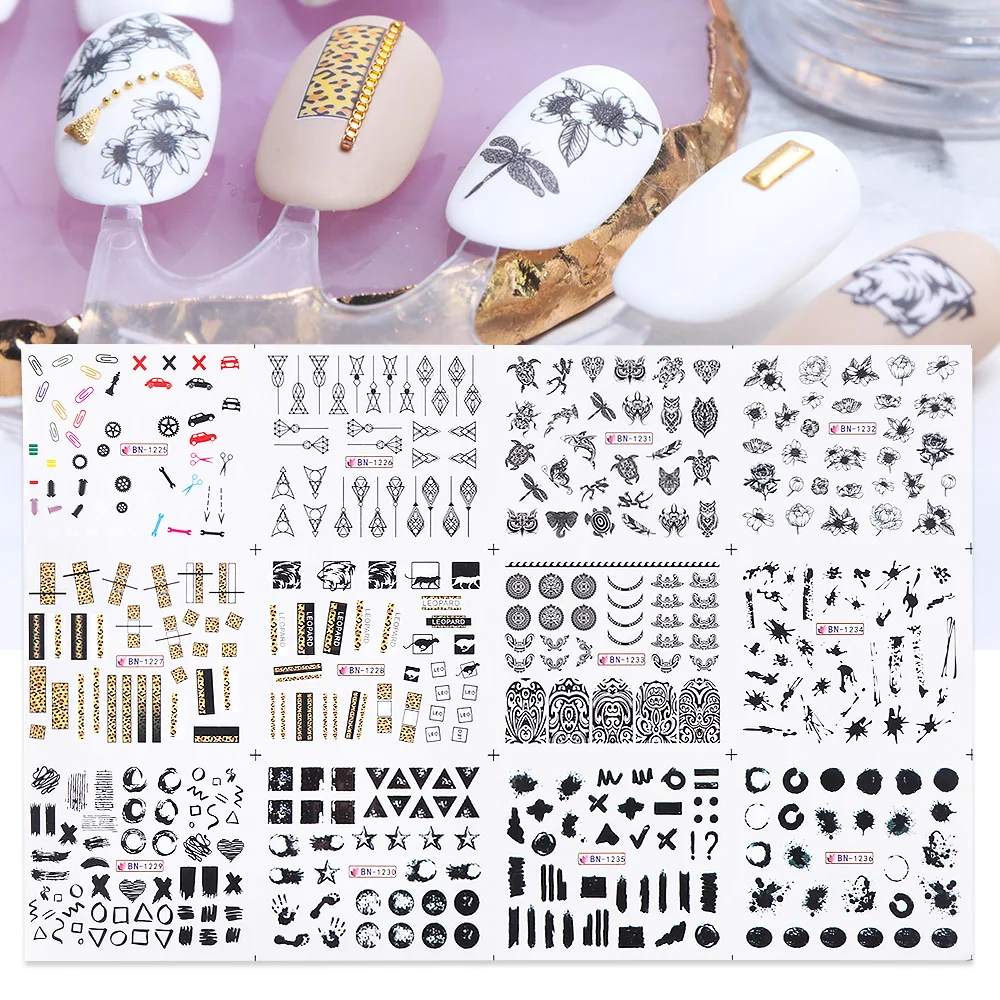 12 шт геометрические наклейки для ногтей переводные наклейки цветы Французский маникюр слайдеры украшения для ногтей TRBN1225-1236-1