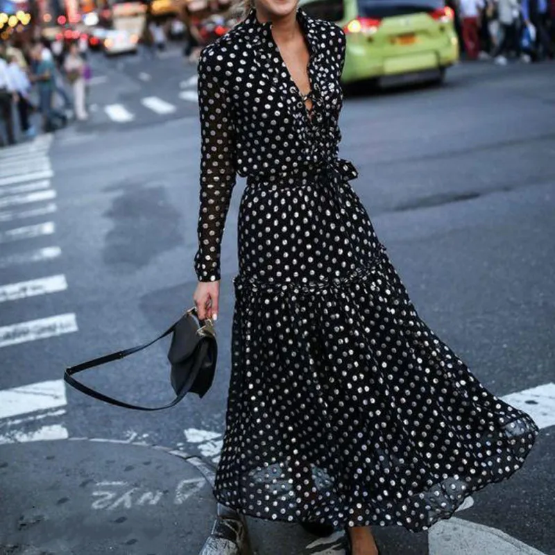 

2019 New Women Dress Sexy Dot Maxi Lady Dress Elegant V Neck Lovely Sleeve Summer Dress Lady Office Wears Fashion Party Dress