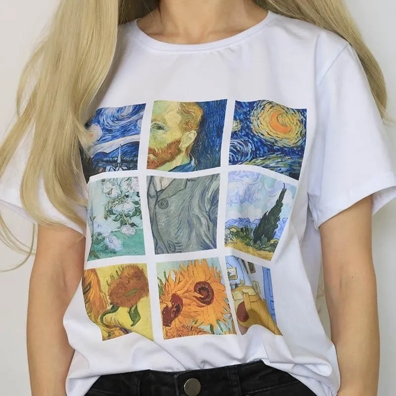Новинка, рисунок Ван Гога, масляная живопись, решетки, принт, милые повседневные топы с коротким рукавом, женские летние футболки Харадзюку