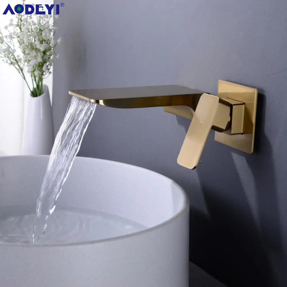 

AODEYI Concealed Brass Waterfall Bathroom Sink Mixer Taps 1/2 CD Brushed Gold Single Handle Basin Mixing Faucet, 12-078G