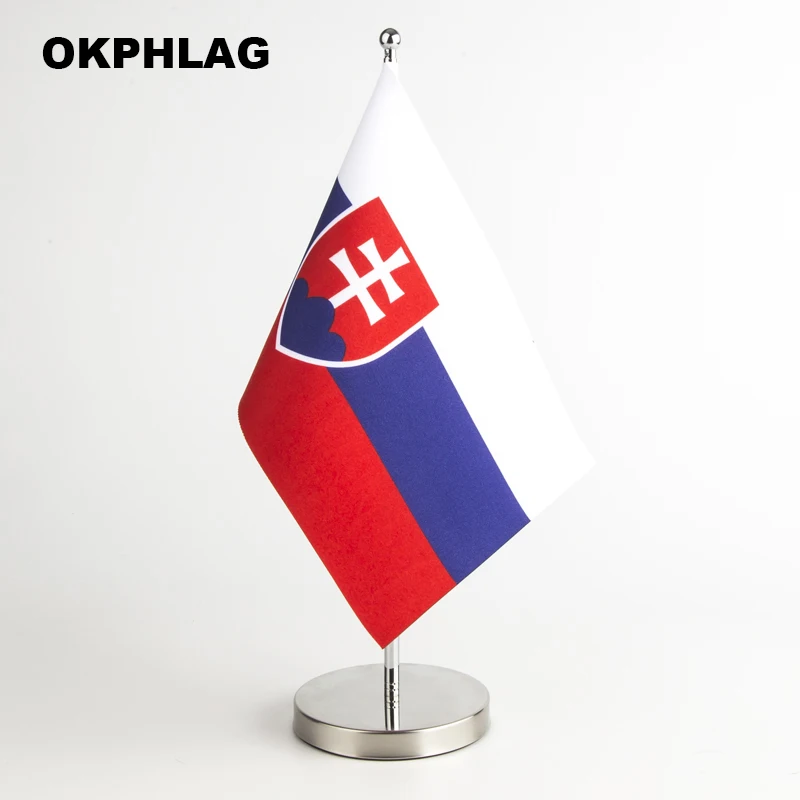 

Slovakia desk Flag with silver flagpole base table Banners 14*21CM for Office House Party Customize KS-0164
