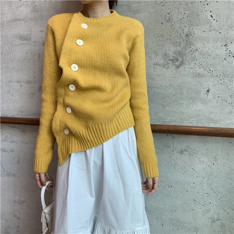 OLN 2019 Women Sweater Diagonal Buckle Irregular Knit Sweater Loose Wild Solid Turtleneck Sweater Female Pullover Streewear 8242 OLN 2019 Women Sweater Diagonal Buckle Irregular Knit Sweater Loose Wild Solid Turtleneck Sweater Female Pullover Streewear 8242
