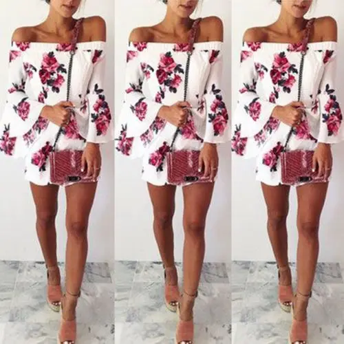 

Sexy Women Off Shoulder Ruffles Dress Casual Floral Party Mini Dress Summer Women White Strapless Dresses Clothes