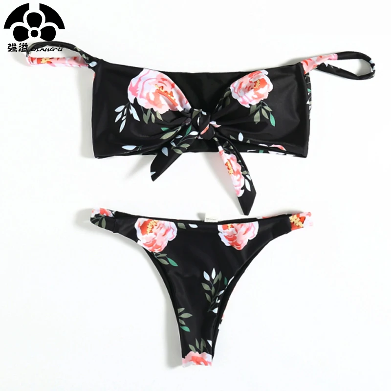QIANG YI 2018 Strapless Sexy Bikini Set Push Up Women Swimwear Swimsuit Female Retro Floral Swim