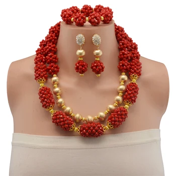 

Splendid Red African Beads Statement Necklace Set Dubai Gold Bridal Indian Crystal Jewelry Sets 2017 New