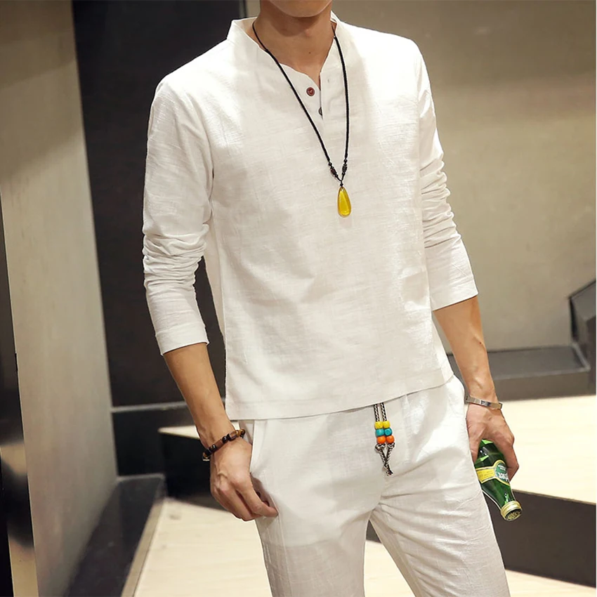 

2019 New arrival Autumn long-sleeve t-shirts + pants cotton and linen t shirt for men + casual pants