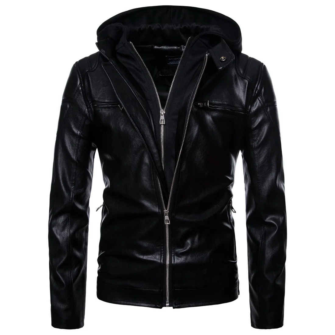 

2019 Hooded Leather Jacket Men Fake Two Pieces Zipper Male Leather Jackets And Coat Casual Mens Motorcycle Pu Leather Jackets Y1