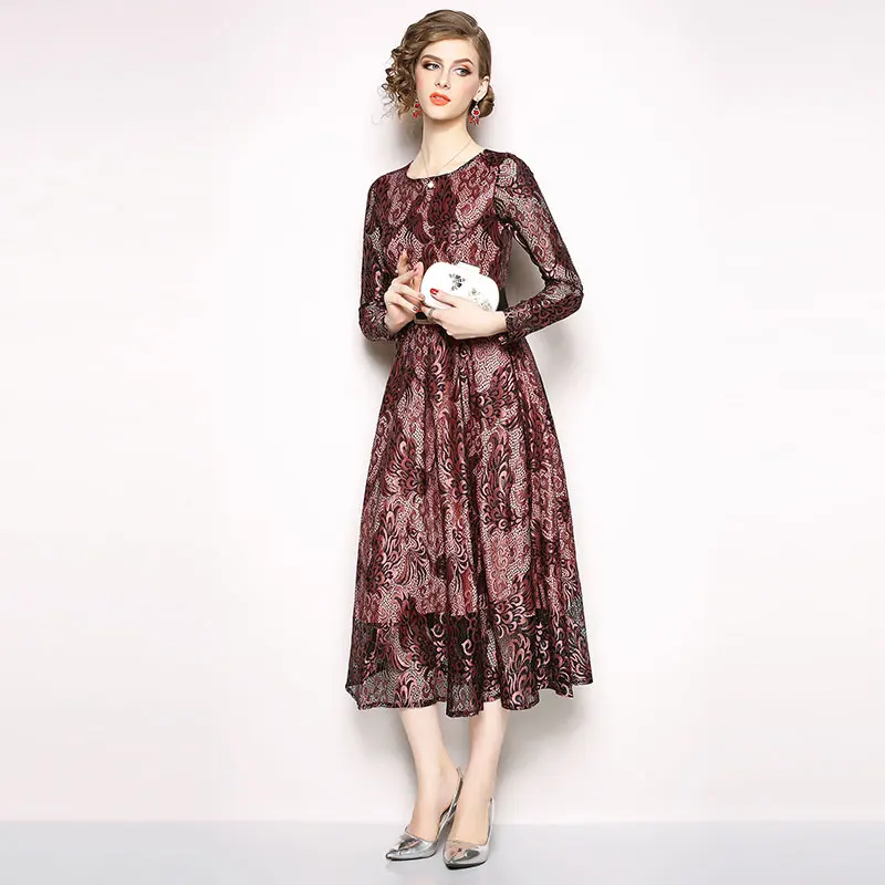 Borisovich Ladies Elegant Party Dresses New Brand Autumn Fashion Vintage Big Swing A-line Women Casual Lace Long Dress N240