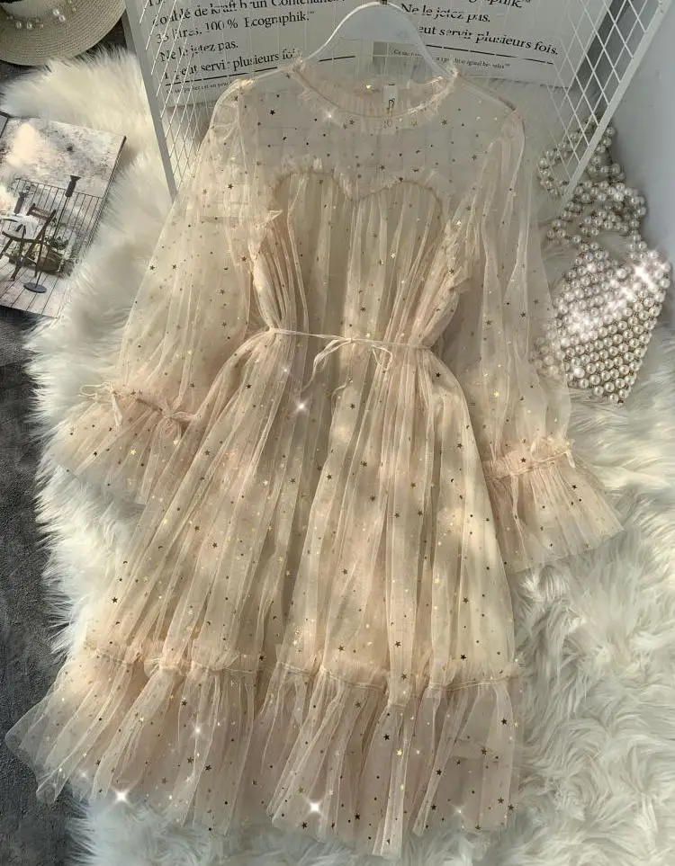 Летнее женское платье винтажное французское нежное сказочное блестящее платье с расклешенными рукавами и круглым вырезом однотонное Сетчатое платье с высокой талией - Цвет: White