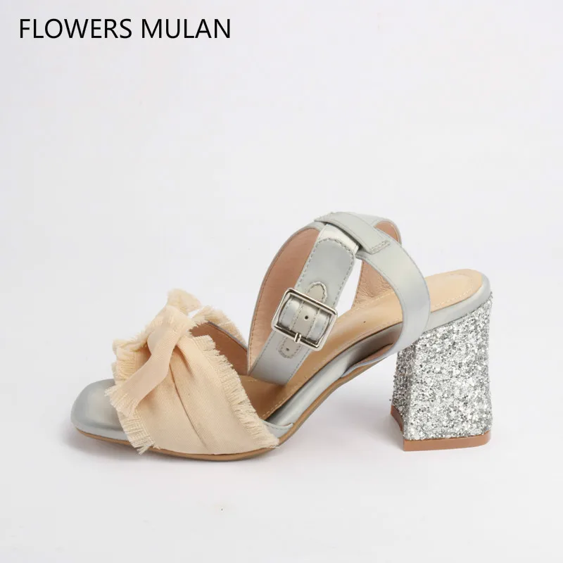 

Summer New Designers Silk Butterfly-knot One Buckle Ankle Strap Sandals Shoes Women Peep Toe High Bling Sequined Square Heels