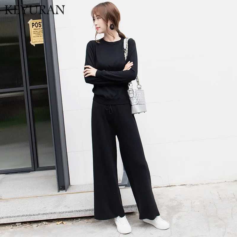 

Autumn Women's Knit Pants Sweater 2pcs Sets Round Neck Pullovers Knitting wide leg Pants Sets two piece set Costumes for women