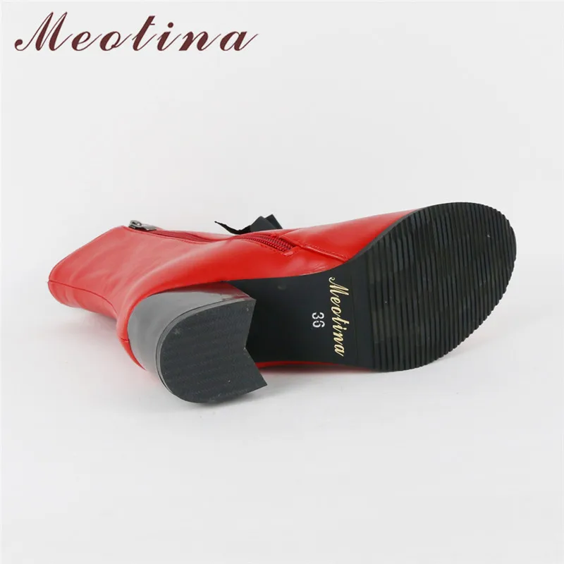 Meotina/женские ботинки г. Зимние женские мотоциклетные ботинки на квадратном каблуке ботинки до середины икры на шнуровке женская обувь красного цвета Большие размеры 45, 46, желтого цвета