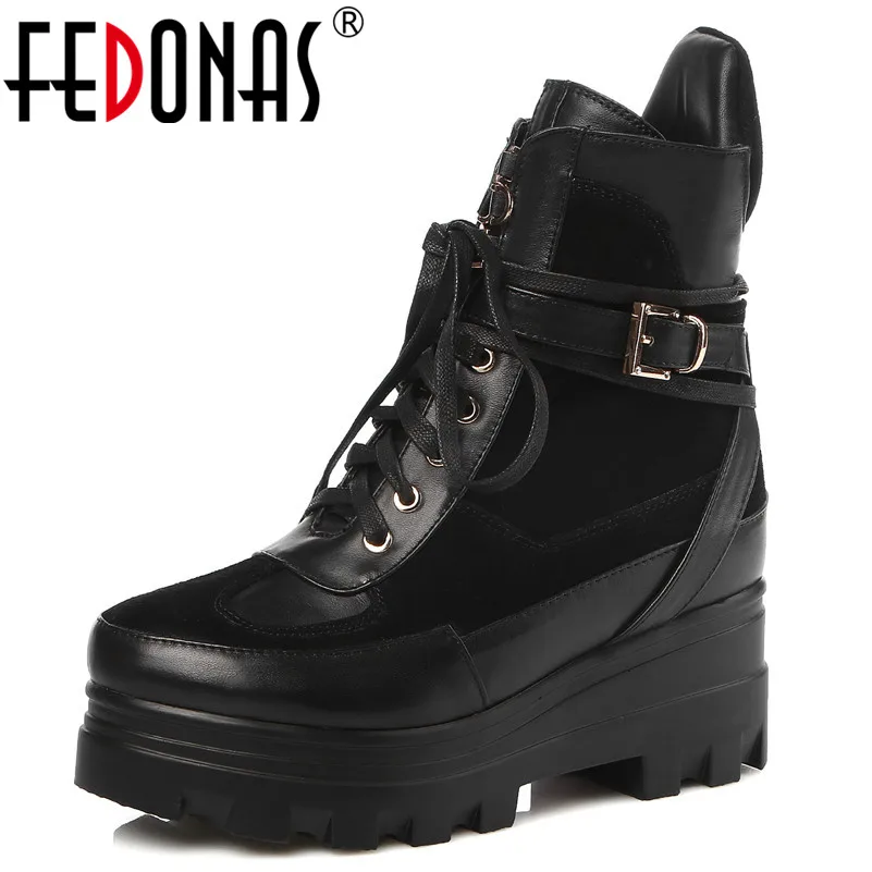 

FEDONAS Punk Sexy Black Women Genuine Leather Ankle Boots Classic Buckels Platforms Short Ladies Shoes Woman High Heels Boots