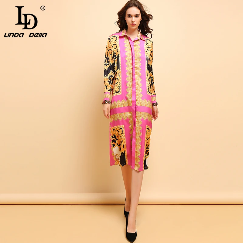 

LD LINDA DELLA Fashion Summer 4XL Plus Size Dress Women's Long Sleeve Button Printed Elegant Vintage Holiday Loose Midi Dresses